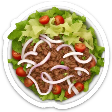 create a taco salad emoji , with minced beef , beans ,choped onions and tomato,and salad leafs in it in a bowl nothing  sticker