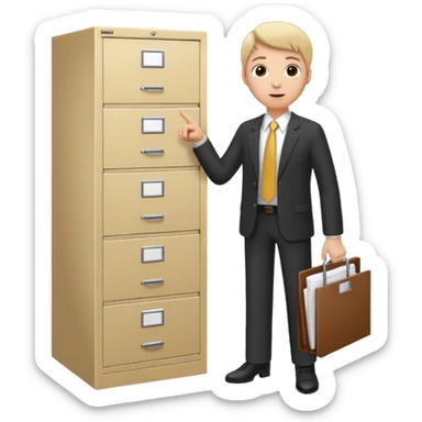A person in business attire pointing to a tall filing cabinet, indicating document organization. sticker