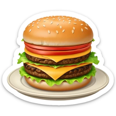 Draw a hamburger on a plate using a front camera with an 80-degree angle from the ground, ensuring the object remains stationary without rotation or tilt. sticker