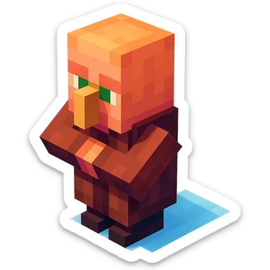 Minecraft villager, 3D blocky voxel style, brown robe, large nose, facing forward, classic Minecraft look sticker