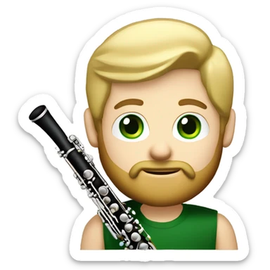 blond hair man with beard and green eyes, holding black woodwind instrument clarinet sticker