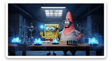 3D cienmatic cartoon shot, spongebob and patric dress in safety glasses and safe white outfit, the are standing front of table with blue crystals on table glowing (light source) science room in basement, back light, Cinema 4d render, proffesional lightning, blue colors sticker