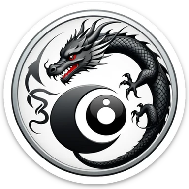 An icon symbolizing Eastern martial arts in the style of an emblem, featuring a black-and-white Yin-Yang symbol and a dragon at the center, surrounded by elements like a dojo. Transparent background highlights balance and power. sticker