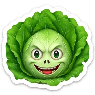 A piece of lettuce with a scary face sticker
