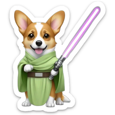 Corgi dress as yoda with one light saber green sticker