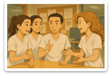 Modify the scene so that the characters are actively collaborating, with gestures showing teamwork. All characters have bare forearms and arms. Female characters have long hair tied back. Keep the original illustration style look and feel. sticker