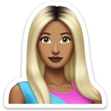 Tanned woman with long black hair, dressed in y2k Paris Hilton hair, makeup, and neon attire sticker