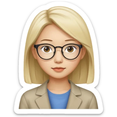 asian looking female with slight blonde hair a little longer  with eye glasses, fair complexion not that pointed nose but slighty little eye please make the hair longer shoulder length sticker