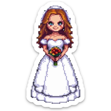 Chucky's bride in a wedding dress standing and smiling in pixel art style sticker