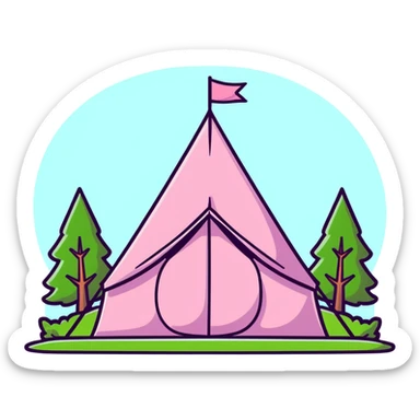 cute pink tent set up in a grassy meadow with trees sticker