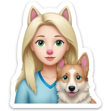 White European young woman with blue-green eyes and long blond hair with her white German Shepherd dog,the Dog has a pink nose and short fur  and Brown eyes sticker