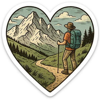 heart with a mountain hiking theme sticker