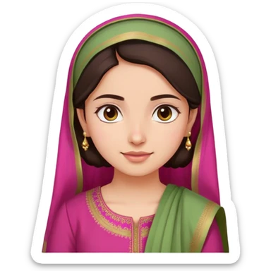 girl with light wheatish skin, dark brown hair, wearing dark pink kurti with sage green dupatta on head sticker