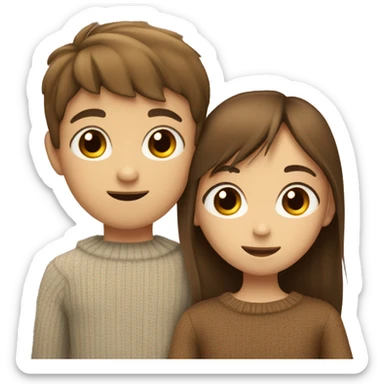 a young boy with brown hair and brown eyes in love hugging a thin girl with brown middle straight hair and fringe with big brown eyes and a sweater on.  sticker