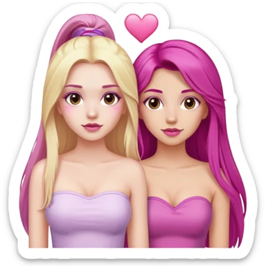 gorgeous pale girl with long magenta hair latina makeup next to a gorgeous blonde girl with blonde hair brown eyes and a light pink heart above them both wearing tube tops sticker