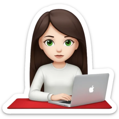 Long dark brown haired, white skinned, dark green eyed girl in white clothes girl sitting in macbook with a red carpet  sticker