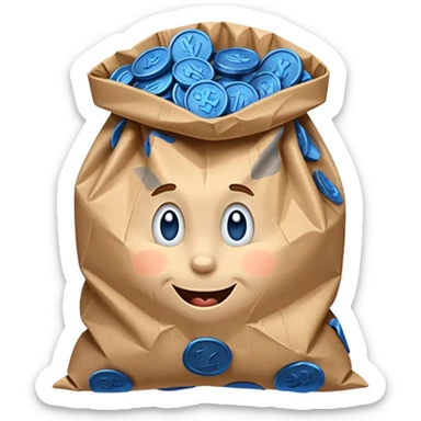 brown bag of blue coins sticker
