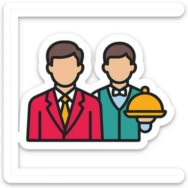 A businessman in a crimson suit with a waiter sticker