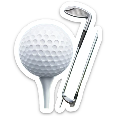 A golf ball on a tee, with a golf club placed beside it on the lush green fairway. The background shows a serene golf course with neatly trimmed grass and a clear blue sky, emphasizing the elegance and precision of the game. sticker