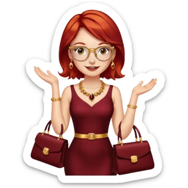 chica pelo rojizo pendientes de oro gafas doradas pecas collar granate vestido brillante dorado tacones dorados medias marrones bolso negro y de fondo una gala sticker