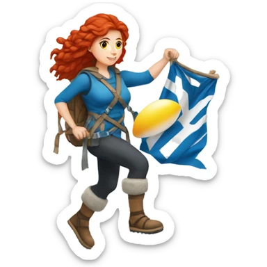 Greek Female winter mountaineer red hair white skin climbing with Greek Flag and Easter eggs basket sticker