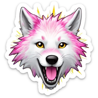 Sparkling crazy white aggressive wolf dancing snow mad big eyes illustration doodle high contrast lightning bolt halo sun beams white pink yellow red party sparkle glitter sticker