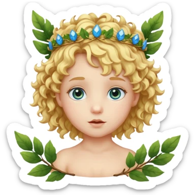 Cute Cupid character head with a large forehead, big bright blue eyes, and short, voluminous curly golden blond hair. A green leafy branch crown sits on the head. Stylized, colorful, cartoon look focused on innocence and cuteness. sticker