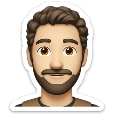 A young Caucasian man with dark brown eyes, almond-shaped eyes, short dark brown hair, and a small dark brown beard with a more prominent mustache. sticker
