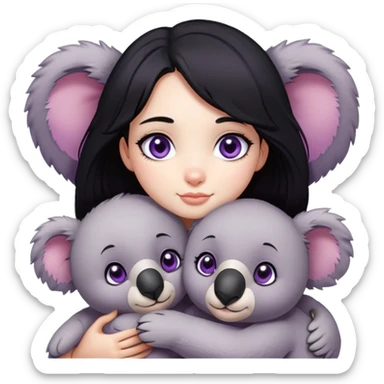 Emoji of a girl with purple eyes and black hairs hugging a stuffed koala  sticker