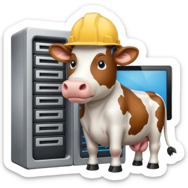 cow with a hard hat looking at several mainframe computers sticker