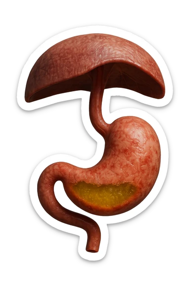 stomaco umano anatomico infiammato con acido giallo all'interno fluttua in aria insieme ad un diaframma umano, iperrealistico 4k, isolato su sfondo bianco sticker