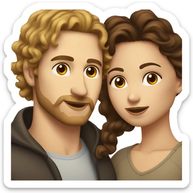 White woman with long dark brown curly hair kissing white man with light brown hair and stubble sticker