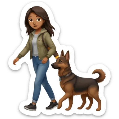 a girl with a brown dark long long hair, she's walking her dog is a german shepard sticker