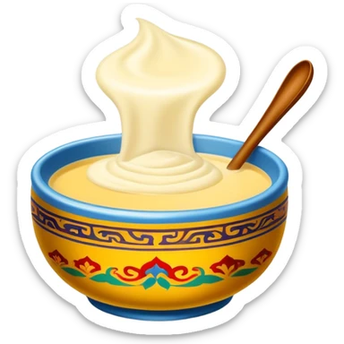 Tibetan butter tea in traditional bowl, simplified emoji style with bold outlines and bright colors, cartoon style creamy yak butter drink sticker
