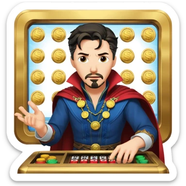 disheveled Doctor Strange losing money at a slot machine, panicked face, coins flying sticker