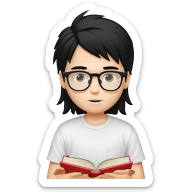 generate a pretty fair bratz boy with a long messy mullet (black hair), wearing a white tshirt. Reading a book. He has spectacles on.  sticker