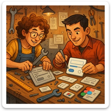 Two playful designers in a workshop, one with curly hair and one with short dark hair, collaborating to repair outdated UI components. The workspace is filled with creative chaos—tools like a wrench, ruler, and Figma UI pieces. They are focused, turning messy legacy UI into a clean, modern design. sticker