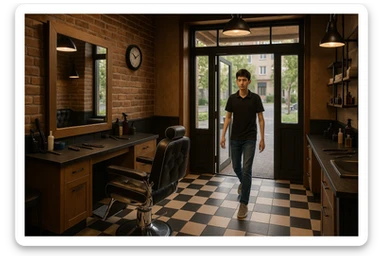 Shu odamni sartaroshxonaga kirib kelayapti  o'smirin davri rakurs ichkaridan sartaroshxona eski ham yangi ham emas bolani juda semiz qilib yuborma  u ozg'inroq bo' huddi sartaroshxonani  hammadan oldin kelib ochsin sticker