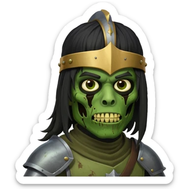 A black male with long black rough hair wearing a knight helmet with green zombie skin  sticker