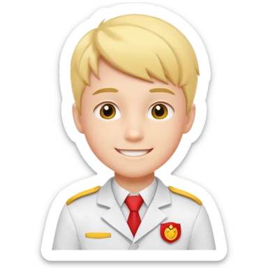 um menino estudante com uniforme branco e detalhes amarelo e vermelho sticker