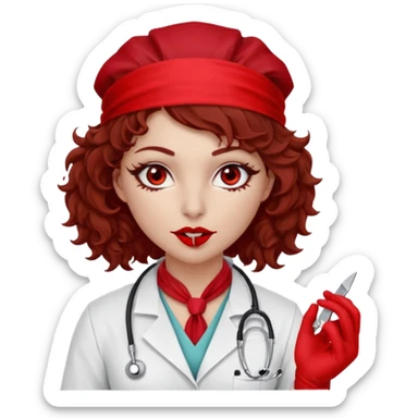 Lilith scalpel in hand, evil surgeon sexy surgeon clothes.  She has red eyes. Dark brown curly hair. Wears sexy doctor outfit with red gloves.covers her mouth necknose with red bandana to hide  her identity. Hair is long and brown hair is free but bandana must cover her mouth sticker