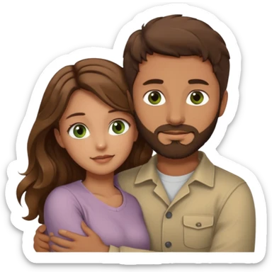 a man with short brown hair and brown beard with brown eyes and a girl with long brown wavy hair with green eyes, togheter. Beige clothes, hugged each other sticker