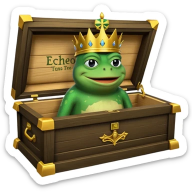 Emoji of an empty wooden coffin with its lid on top, the word ‘ECHO’ carved into the lid. The coffin is shown from the outside. A king-like Pepe the Frog, standing outside the coffin, is hammering nails into the lid to seal it shut. No character is inside the coffin. Not a treasure chest. sticker