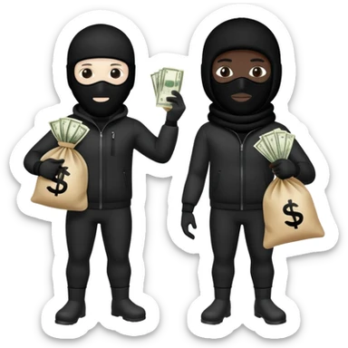 Two men one with white skin color and the other black skin color and both wearing black Ski masks holding money bag sticker