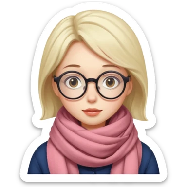 A shy woman with big round glasses and thick scarf, blushing from the cold. sticker