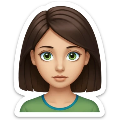 long dark brown hair with highlights in the front, big blue eyes clear skin with neck and green top on add long eyelashes sticker