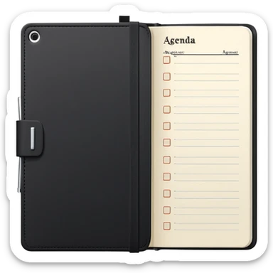 A classic black Moleskine notebook open to show an agenda page with meeting items and bullet points sticker