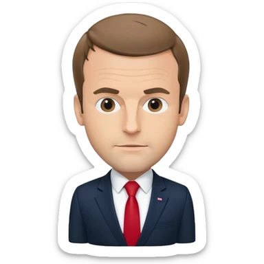 figure of Emmanuel Macron with an oversized head and small body, standing, wearing a dark navy suit and red tie, highly recognizable face, simplified details sticker