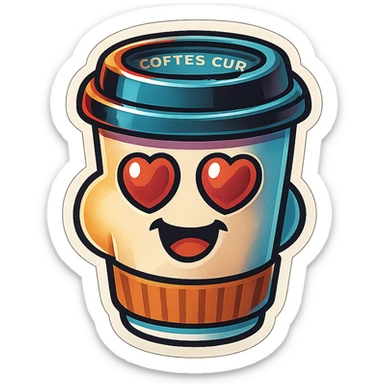Ink wash style, coffee cup creature, big heart eyes, dopey smile sticker