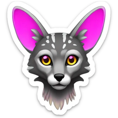 Coyote ocelot with grey and black fur and phoenix wings and pink ears half skeleton, neon lights sticker